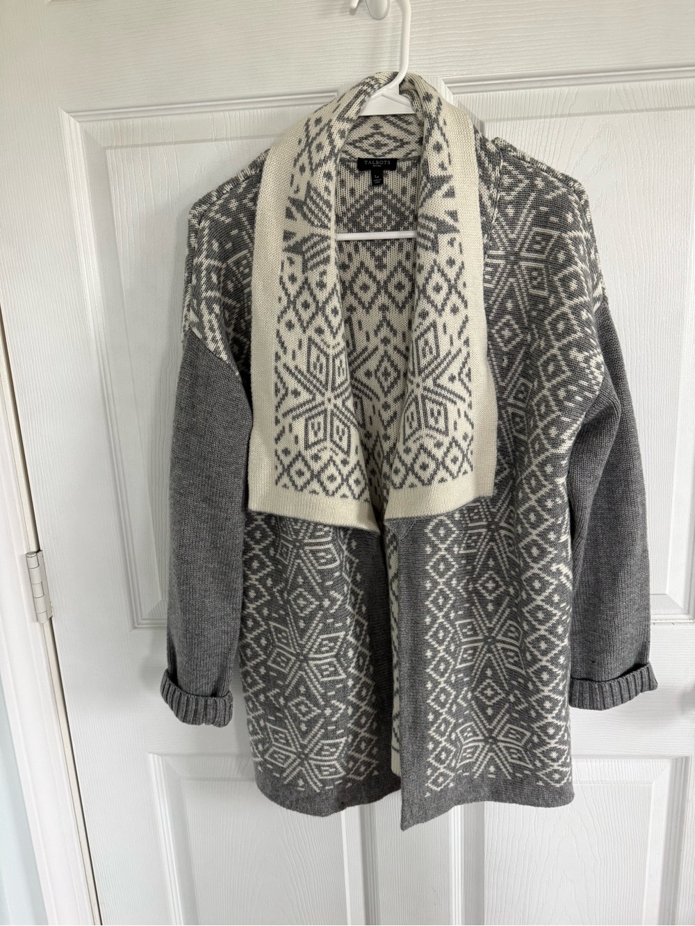 Talbots Fair Isle Nordic Cardigan Large Petite Wool Cashmere Blend Gray Cabin